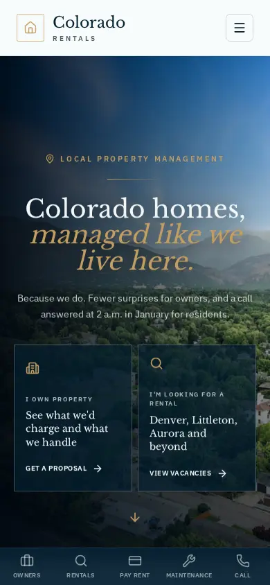 Colorado Property Rentals website on a phone