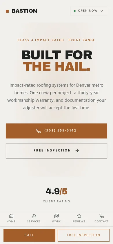 Bastion Roofing Co. website on a phone